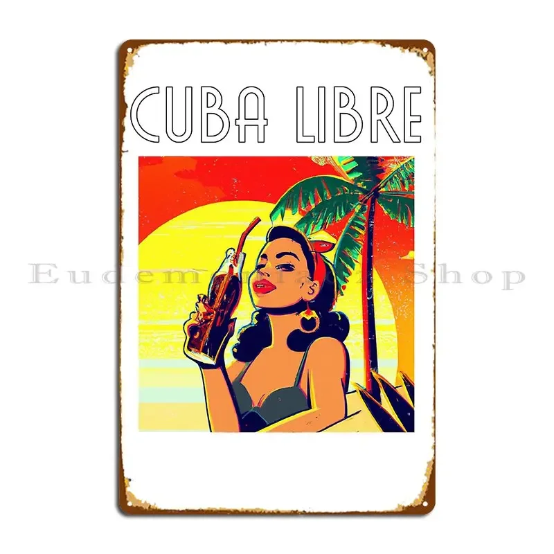 Cuba Libre Tropical Ретро Закат Девушка Пальмы и Кола Премиум Футболка Металлическая Табличка Бар Клуб Дизайнерская Знак Оловянная Вывеска Плакат