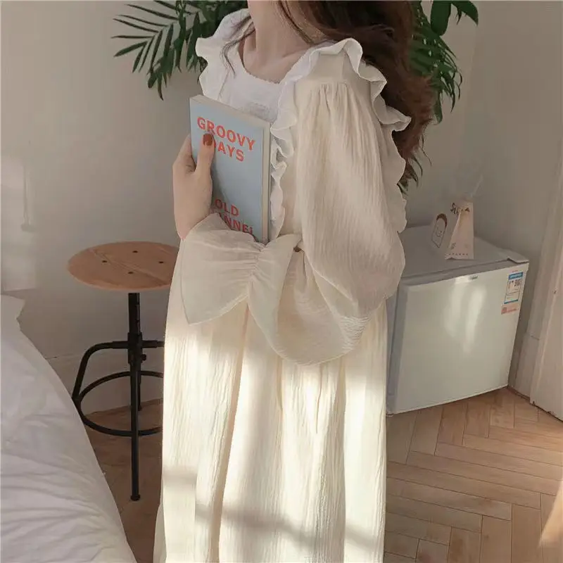 Lace Women Nightgown Ruffles Sleepwear Korean Nightwear Autumn Long Sleeve Sleeping One Piece Pajamas Square Collar Night Dress