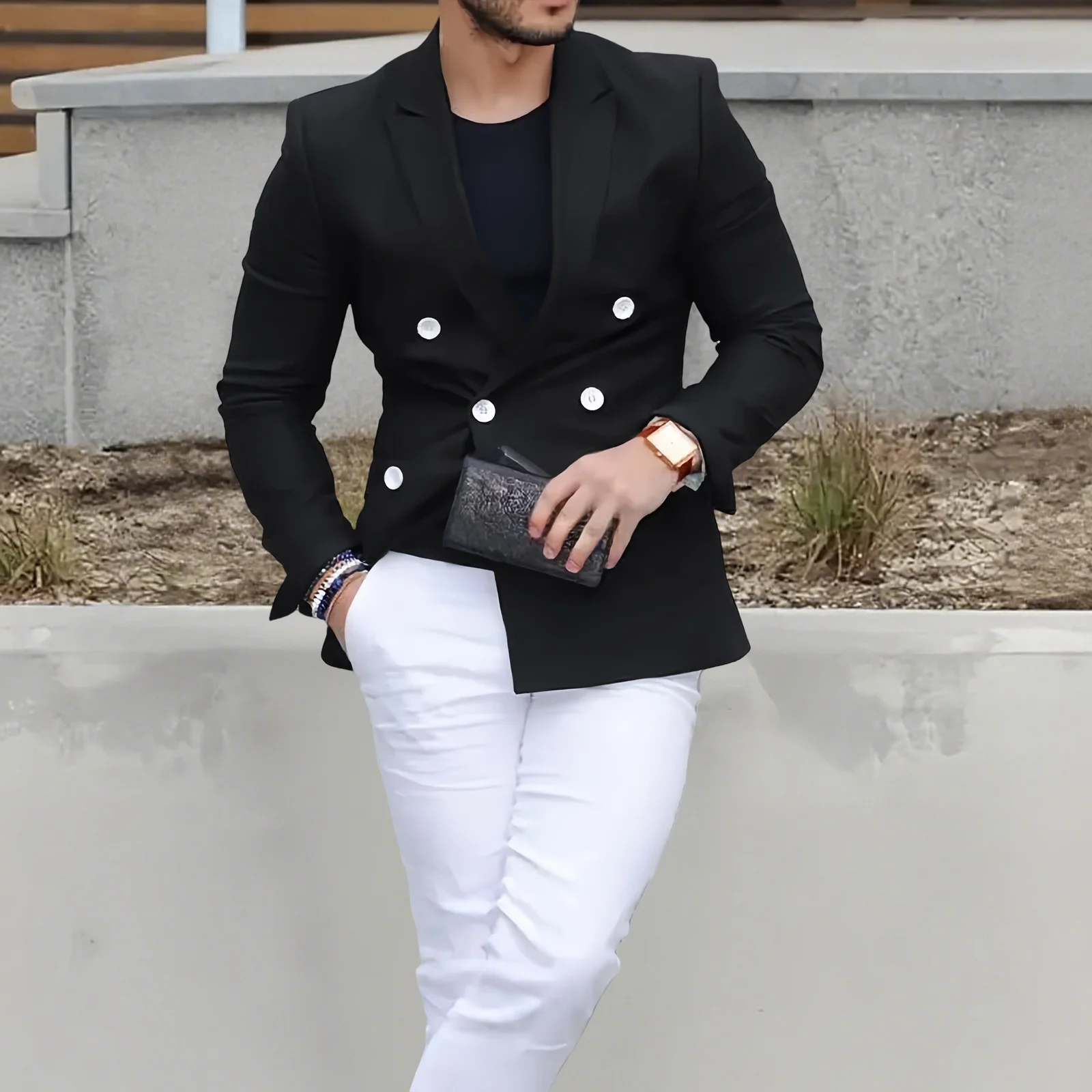 

AnnieBritney Business Double Breasted Suit for Man Ropa Hombre Tuxedo Black Roupas Masculinas Slim Fit Peaked Blazers and Pants