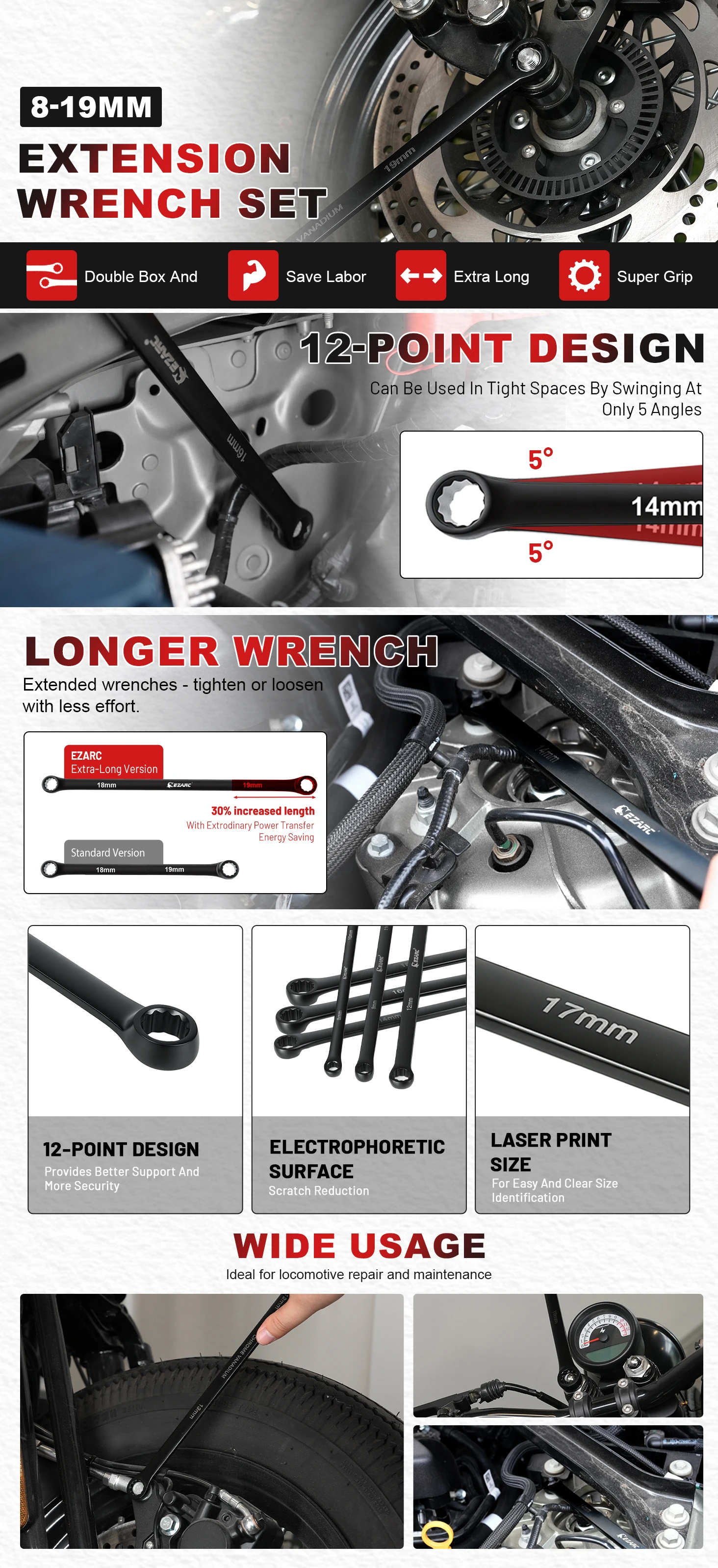 EZARC Langer Schraubenschlüssel 8-19 mm Extra Langer Ringschlüssel für Fahrrad Motorrad Auto Reparaturwerkzeuge Mechanisches Werkzeug Cr-V Material – Detail 1