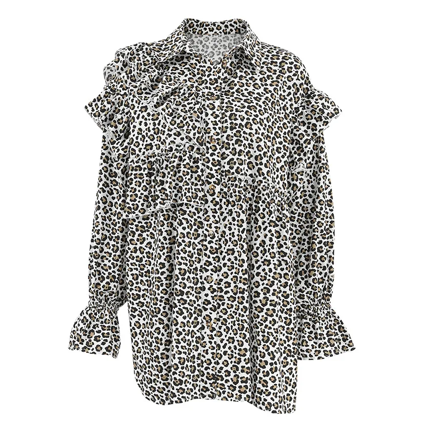 섹시한 레오파드 프린트 루즈핏 여성용 스탠드 칼라 벨 슬리브 출퇴근용 롱 슬리브 미디 길이 패셔너블 탑 여성용