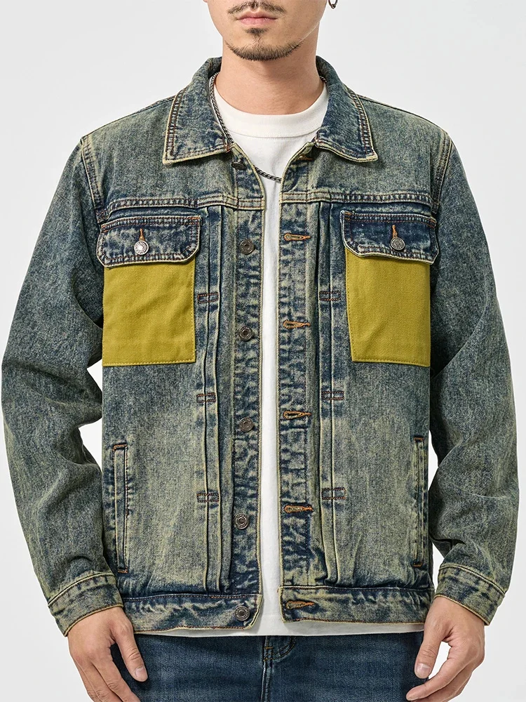 New high-end casual denim jacket men's high street tide vintage blue color collision pockets loose big size workwear tops