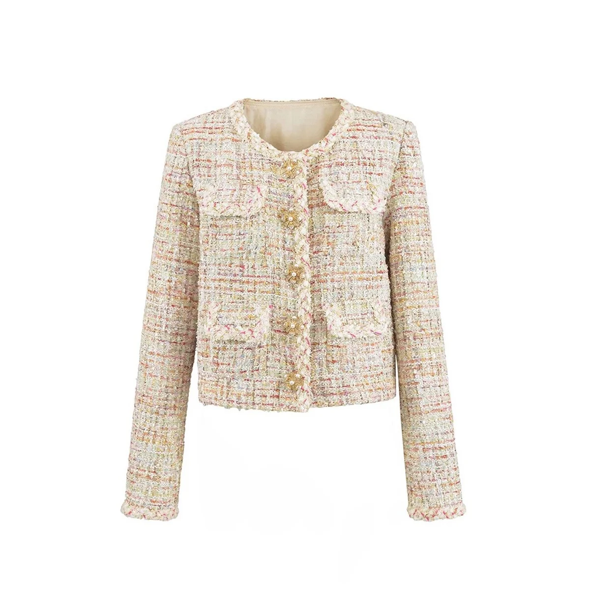 Wiosna Jesień 2025 Nowa Elegancka, Gruba, Haftowana, Diamentowa Tweedowa Odzież Wierzchnia Damska, Elegancki Płaszcz z Poliestru do Pracy