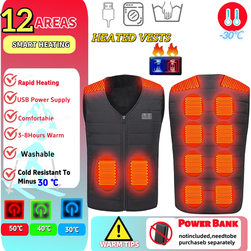 

12 Areas Heating Sleeveless Vest Men Winter USB Heated V-neckline Jacket Women Thermal Underwear Hiking Work Heating Waistcoat