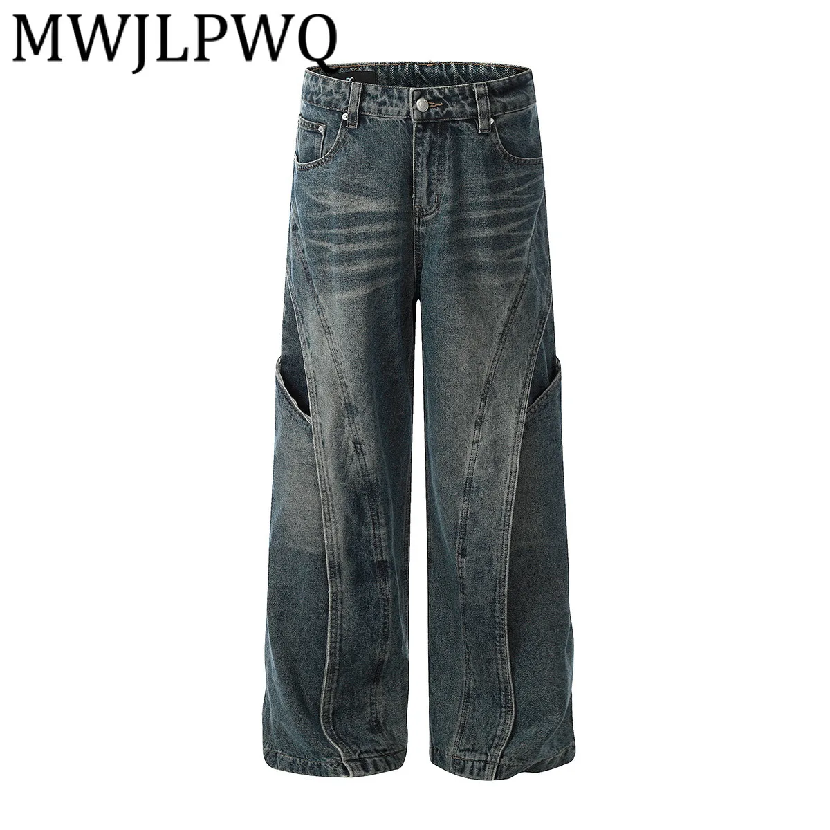 

MWJLPWQ Мужские потертые джинсы в американском стиле High Street RO, повседневные свободные широкие брюки со сращенным дизайном, новинка осени 2021, 21394