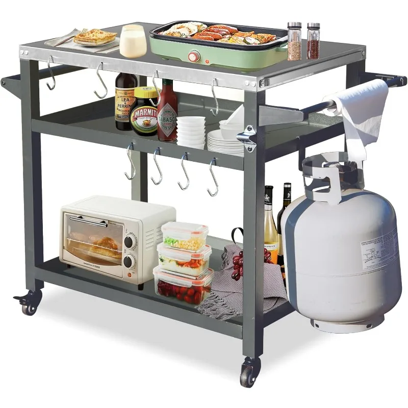 Domi 3-Shelf Outdoor Grill Table, Grill Cart Outdoor with Wheels, Pizza Oven and Food Prep Table, Blackstone Table