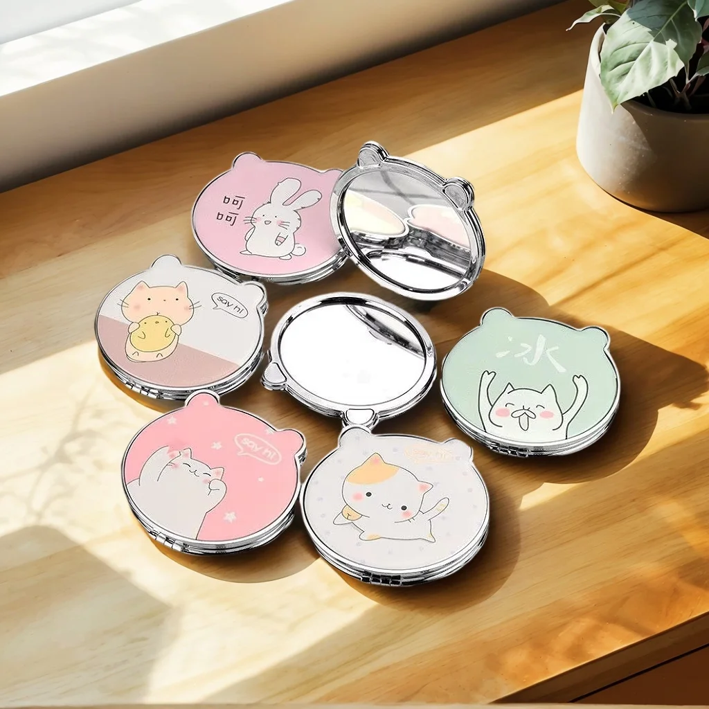 Portable Cat Plant Print Makeup Mirror PU Leather Small Round Circle Two-Sided Folding Girls Mirror