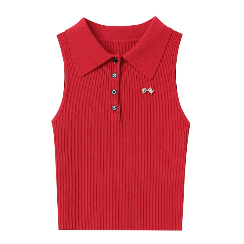 New Arrival Solid Women Red Tank Tops Turn-Down Collar Sheath Tank Tops