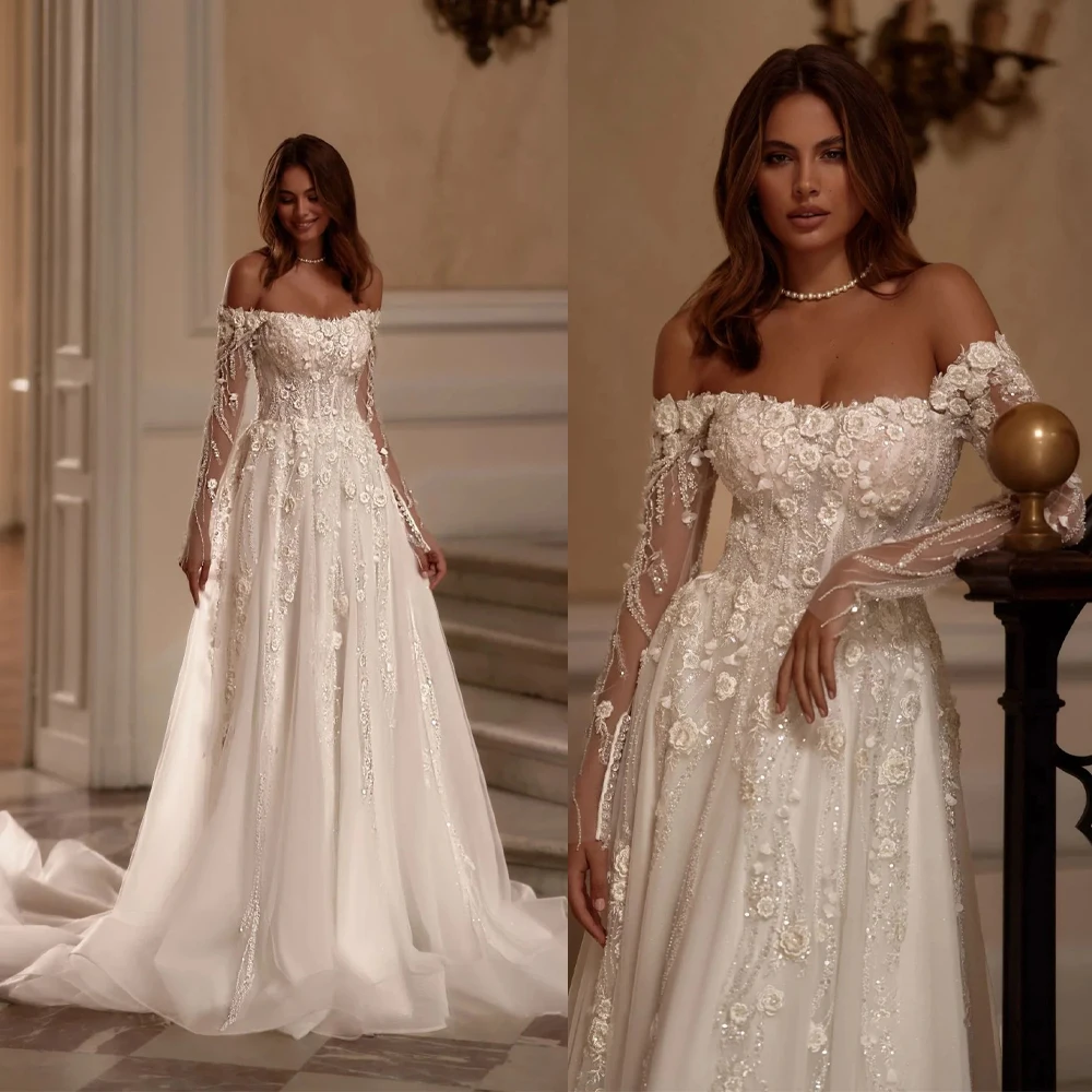 Luxury A-Line Wedding Dresses Off Shoulder Long Sleeves Sequins Appliques Lace Bridal Gowns Sweep Train Customized Wedding Dress