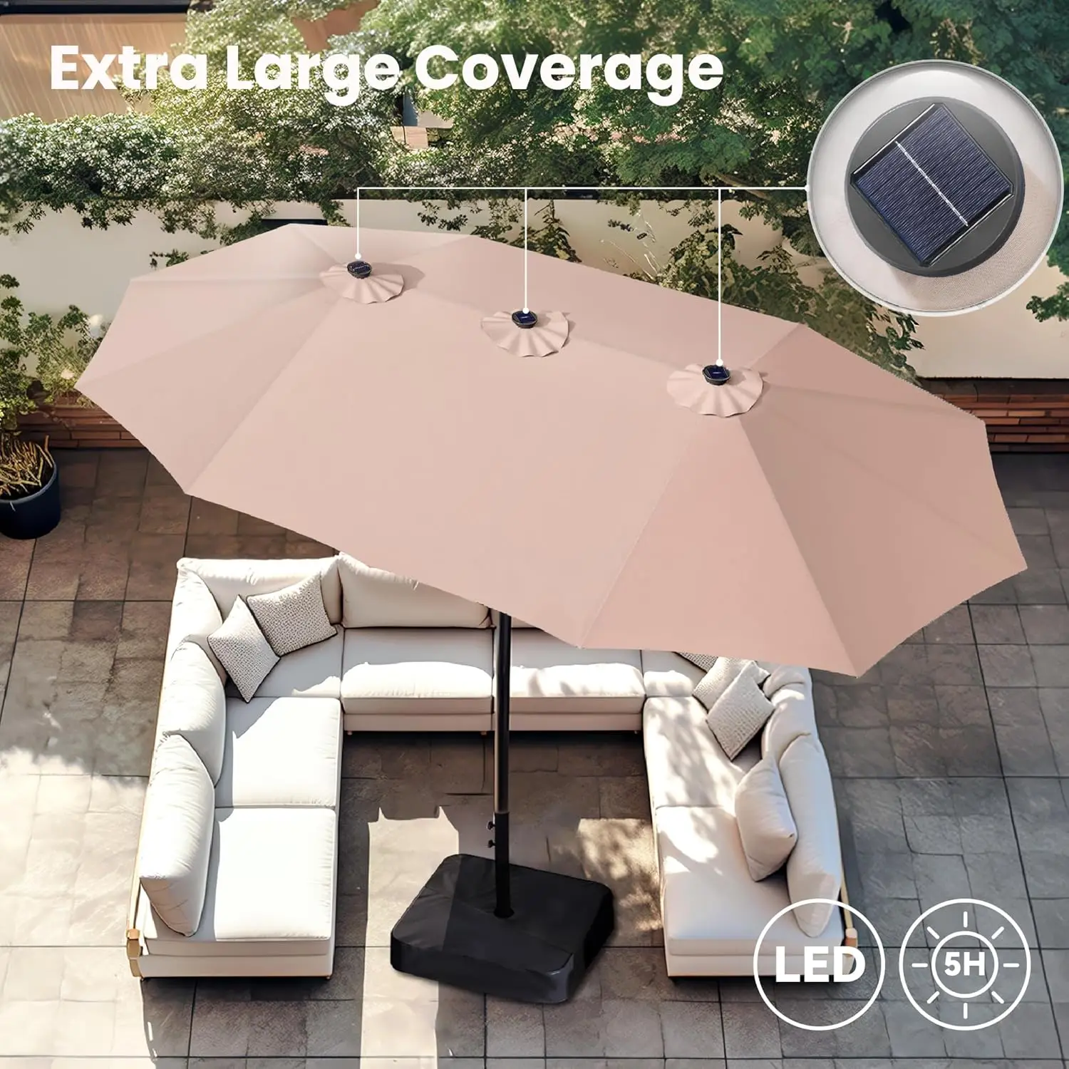15ft Large Patio Umbrella with Base & Solar Lights, Double-Sided Outdoor Rectangle Umbrellas with 36 LED Lights, Beige