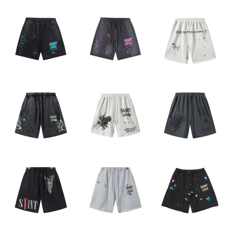 

Multicolour Washed Saint Retro Broken Hole Graffiti Shorts Washed Summer High Quality 1:1 Mens Womens Drawstring Shorts