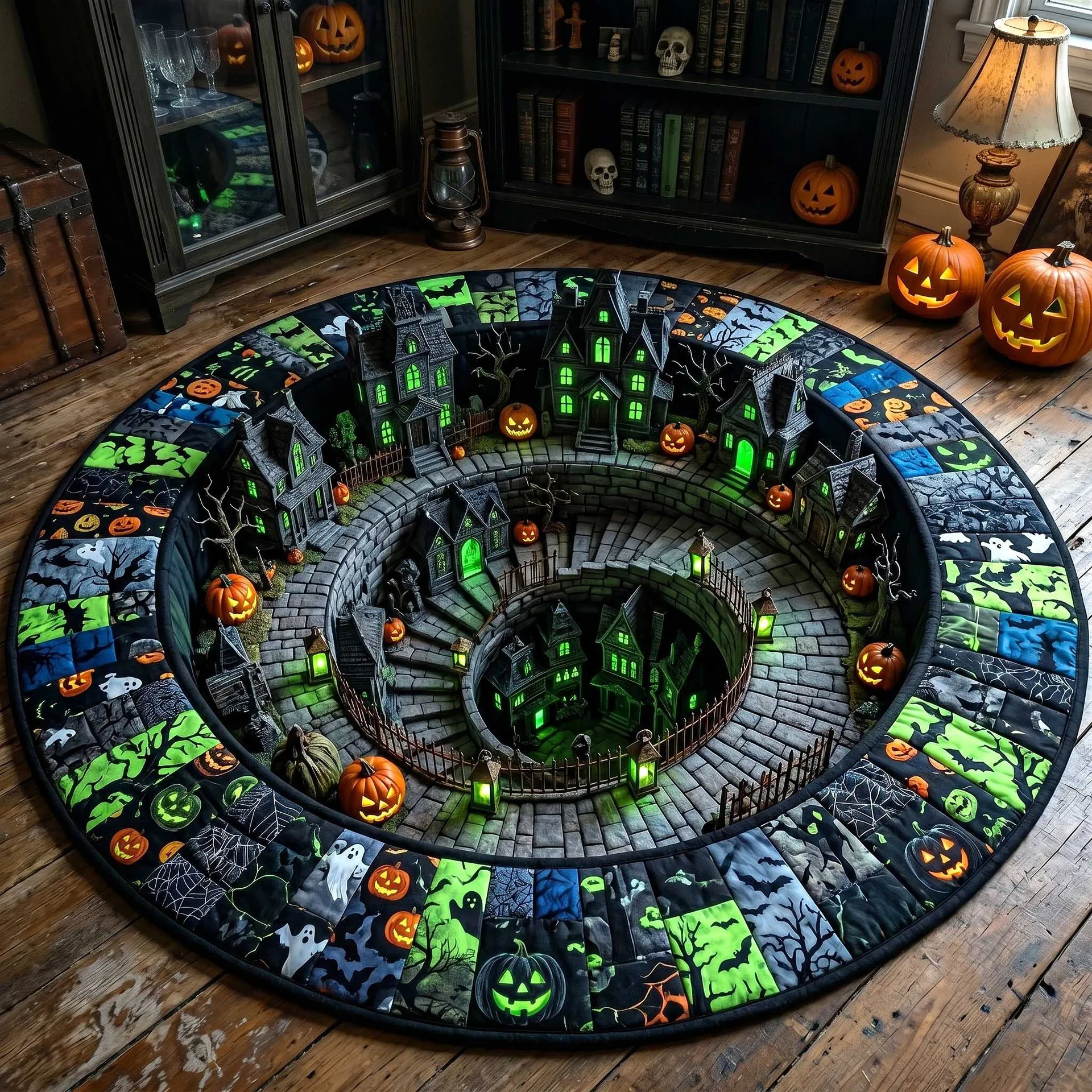 Halloween Round Rug 3D VR Vertigo Effect for Halloween Room Decor Round Carpet Gothic Mat for Halloween Season Indoor Decoration