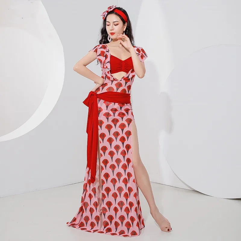 Belly Dance Costumes Woman Practice Clothes 4 Piece Oriental Lesson Wear Sexy Arabic Robe Khaleegy Baladi Shaabi Dresses Print