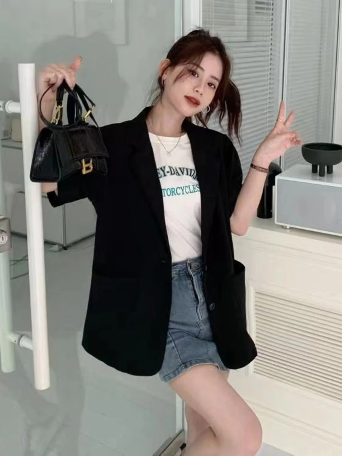 Summer Casual Versatile ort Sve Women's  Trendy All-Match Small Western Sle Top Button Closure Other Material