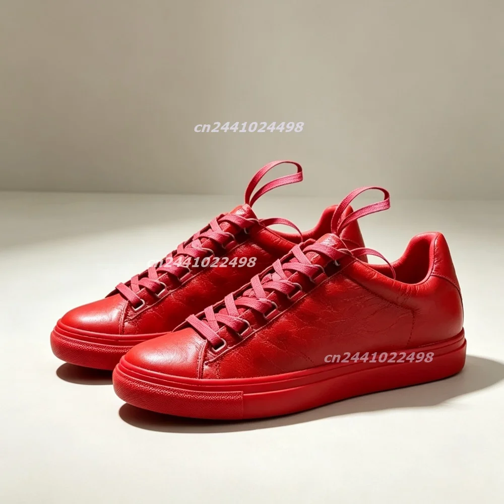 Women Solid Red Fashion Casual Sneakers, Retro Cracked Matte Upper, Low Top Lace Up Flat Shoes Street Walking for Daily Outfits