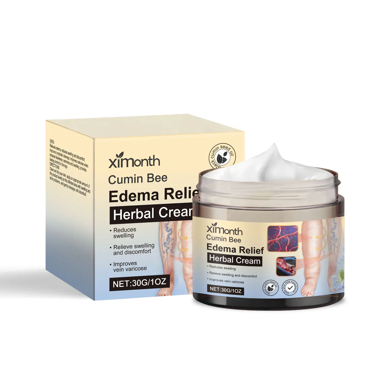 

XiMonth Cumin Bee Edema Relief Cream - Herbal Varicose Vein & Swelling Treatment - Reduces Leg Discomfort - 30g