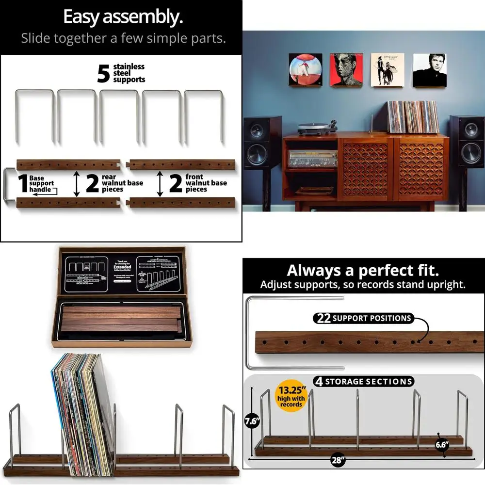 

Органайзер для хранения виниловых пластинок из твердого ореха на 100–150 фунтов, элегантная подставка для коллекции альбомов