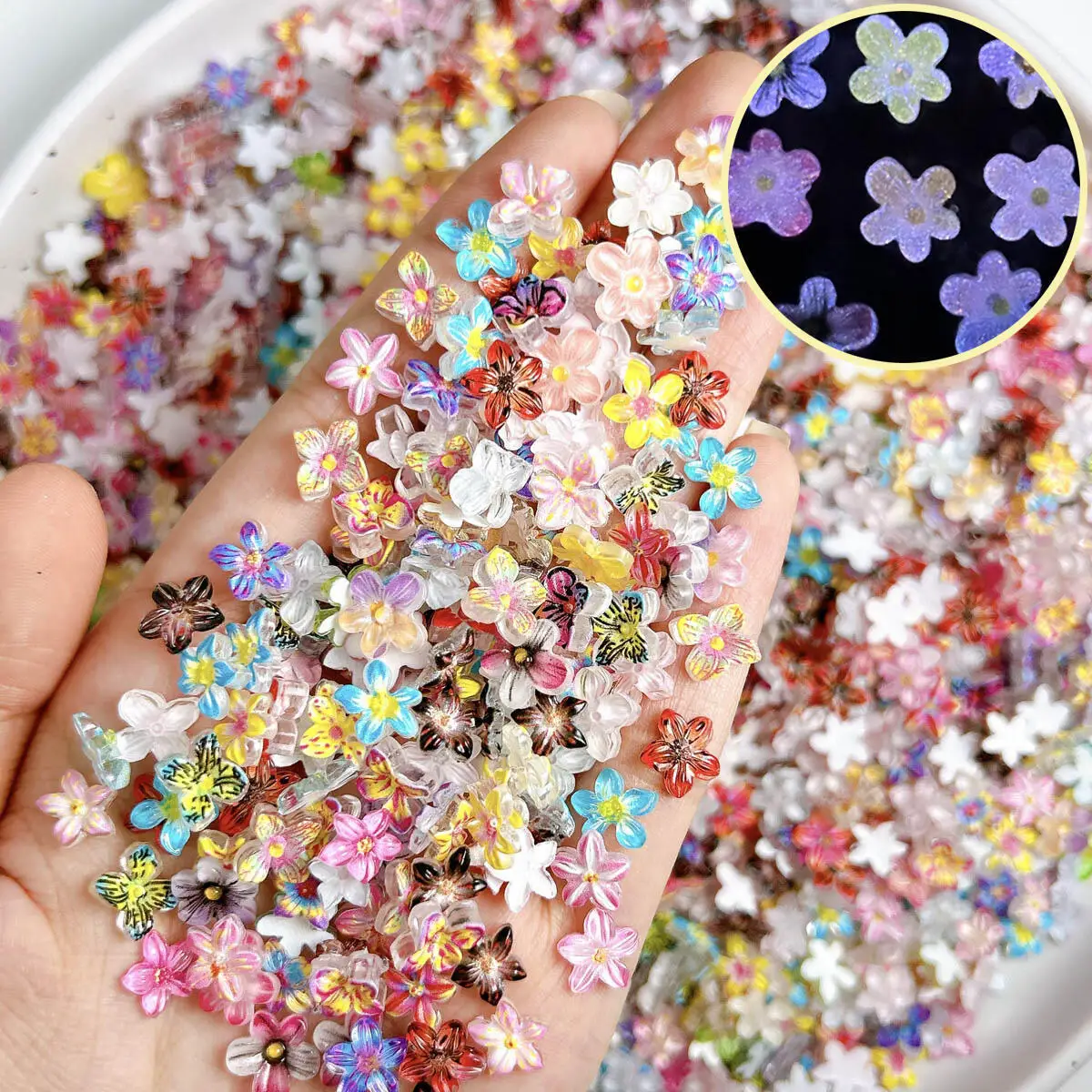 عشوائي مختلط الراتنج مضيئة الملونة خمسة البتلة زهرة مسمار الفن الديكور النفط اللوحة نمط زهرة مسمار السحر DIY بها بنفسك الحرف اليدوية