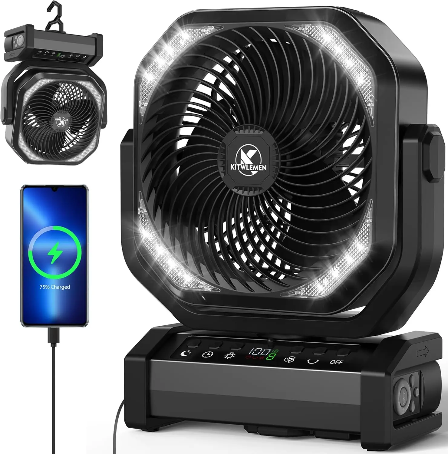 

Camping Fan with Light - 20000mAh Rechargeable Battery Fan, 112Hrs Max Run Time, 9 Speeds, Digital Display, Timer, Oscillation,