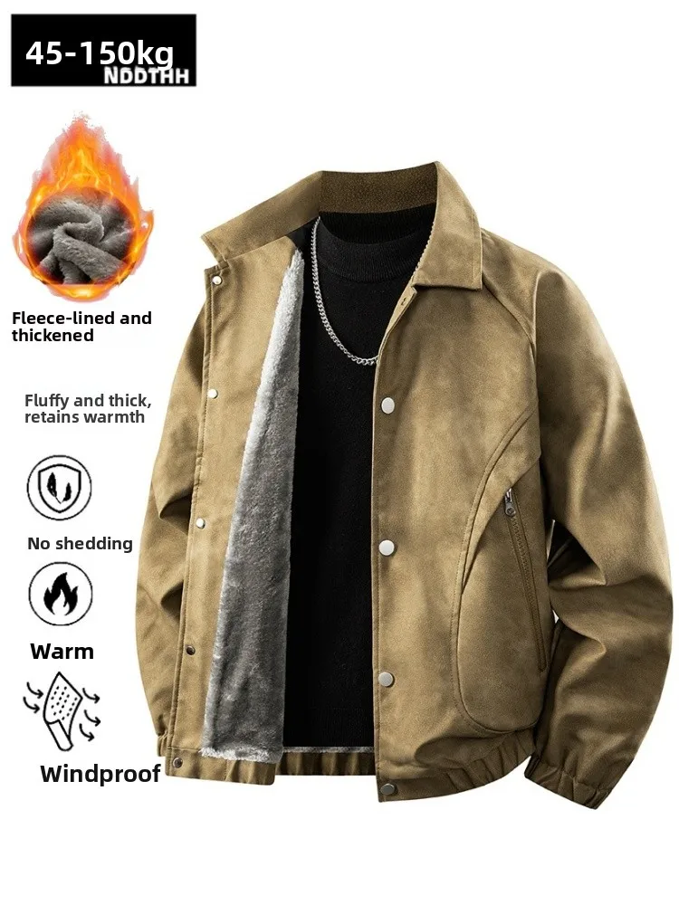 

Новинка 2025, мужская куртка из искусственной кожи Thiened Fce на подкладке, свободная мотоциклетная теплая верхняя одежда, повседневное модное зимнее пальто