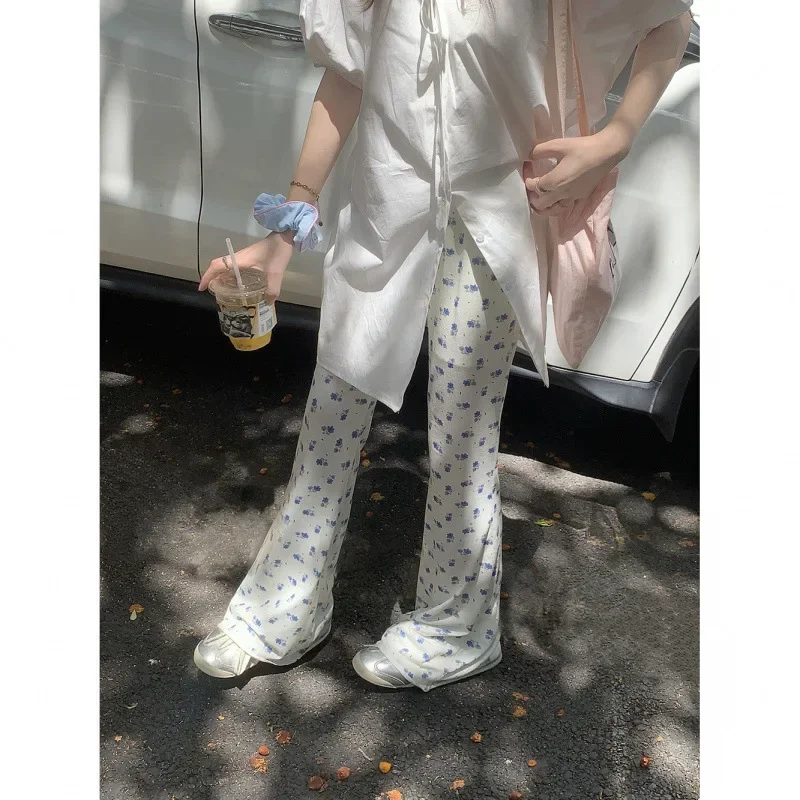 Pop High Waist Draped Slimming Micro Flared Pants Women Summer Thin Fresh Floral Pants Slimming Flared Casual Long Pants