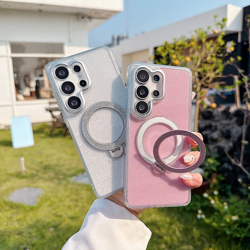 

For Samsung Galaxy S26 S25 S24 S23 S22 Ultra S25 FE Case ELVEV Luxury Glitter Magnetic TPU +PC 360° Rotating Ring Holder Cover