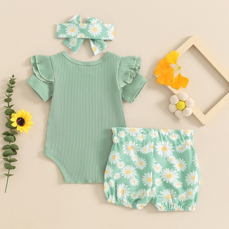 Baby Girl 3 Piece Summer Set Letter Print Short Sleeve Romper Daisy Print Shorts with Fixed Belt Headband Toddler Outfits