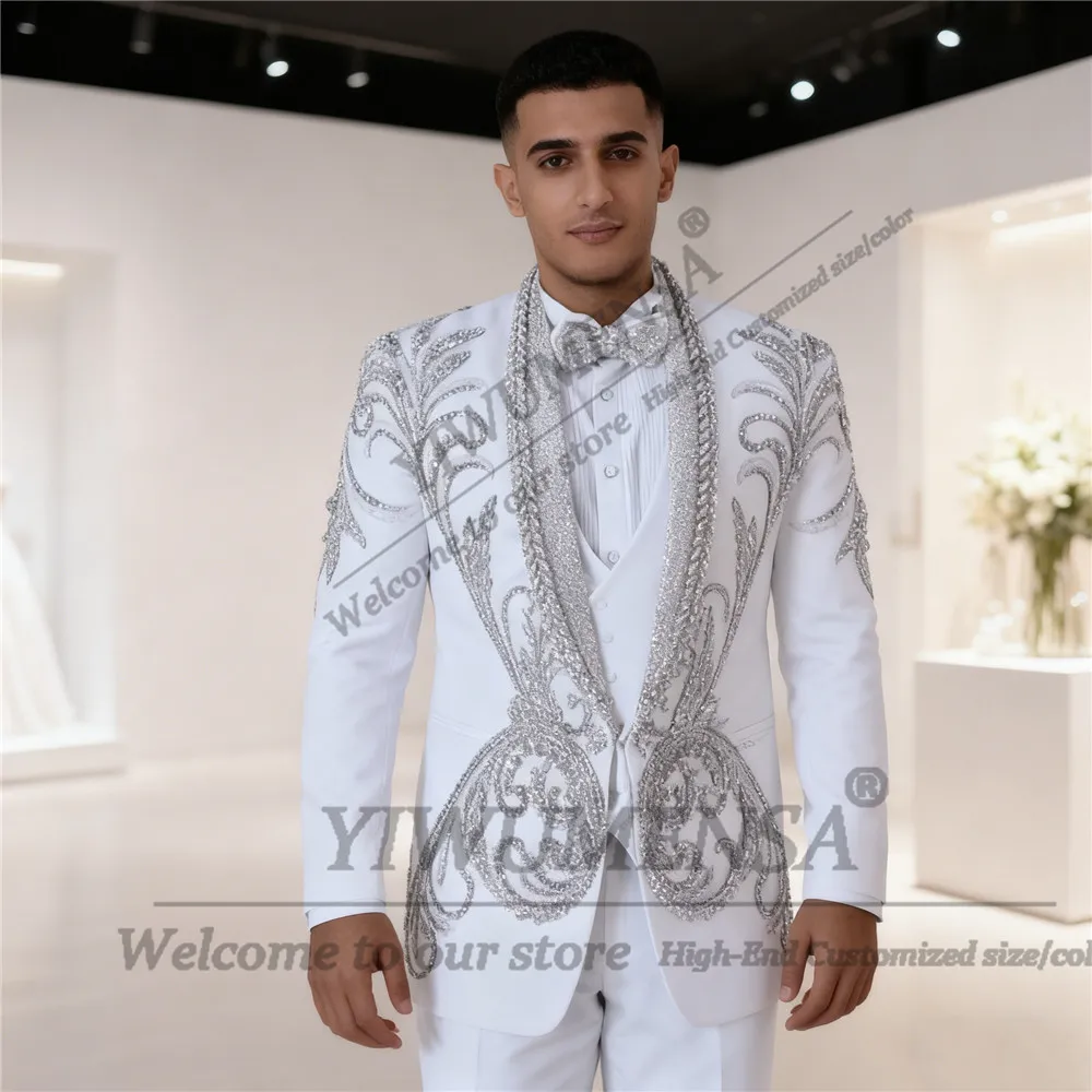 

Блестящие бусины и камни, костюмы для мужчин, комплект из 3 предметов, блестки с лацканами, пиджаки для выпускного вечера, наряды на заказ, свадебные смокинги для жениха, Ropa Hombre