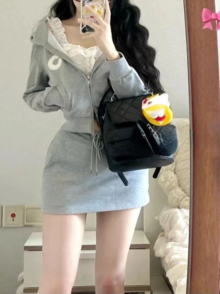 Winter Preppy Style Sweet New 2 Piece Set Women Korean Fashion Hooded Coat + Slim Mini Skirt Female Casual Sweatshirt Suit 2024