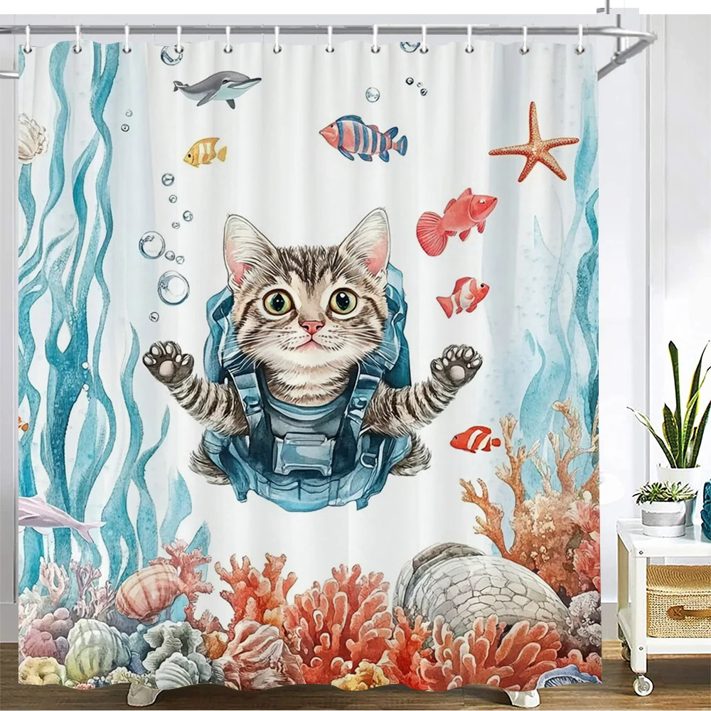 

Ocean underwater world cat style Shower Curtain 3D Printed Funny Bathroom Curtain Polyester Fabric Home Decor Curtain With Hooks