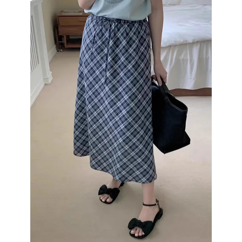Vintage Korean Retro High Street Drawstring Low Waist A-line Skirt Streetwear Fashion Pliad Long Skirt