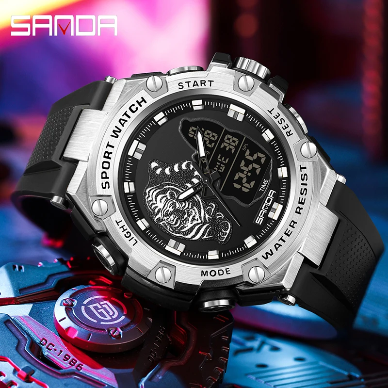 SANDA Men Watch Fashion Trend Multifunctional Chronograph Watch Personalized Tiger Pattern Dial LED Digital Watches Reloj Hombre