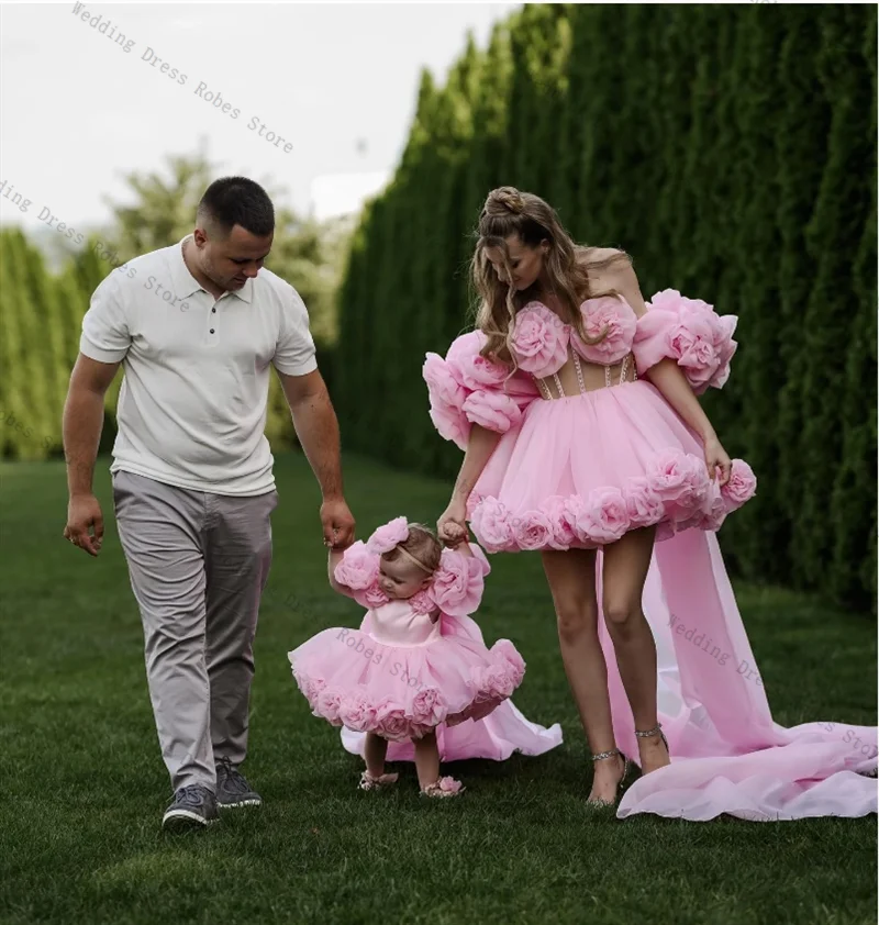 

Pink Women Pregnant Prom Dress Sexy Off Shoulder 3D Flower Maternity Robes Evening Gown Sleepwear Customized Short Mini Skirt