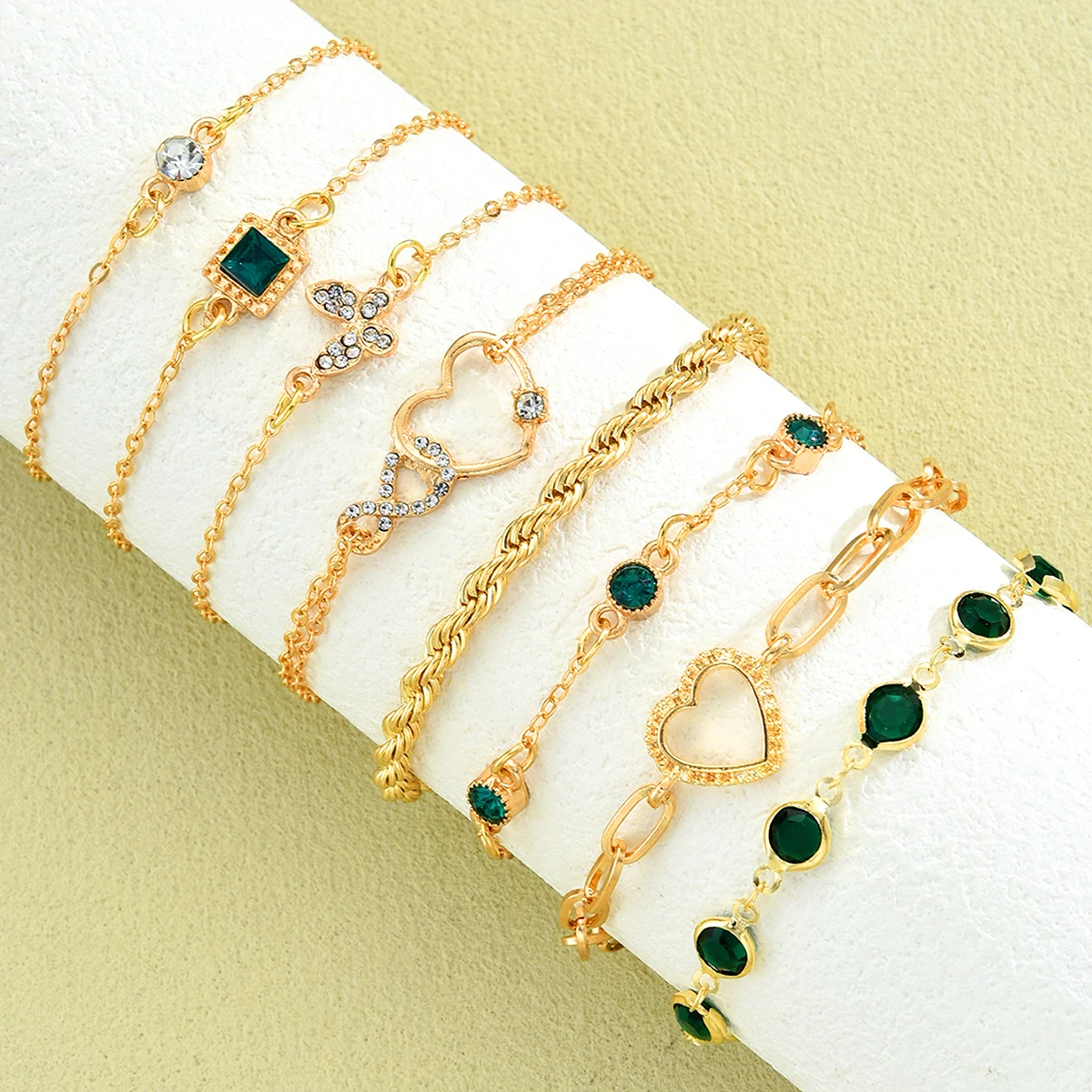 5 قطع خمر القلب الأخضر كريستال سوار مجموعة للنساء أزياء جميلة فراشة حجر الراين إنفينيتي هندسية أساور مجوهرات