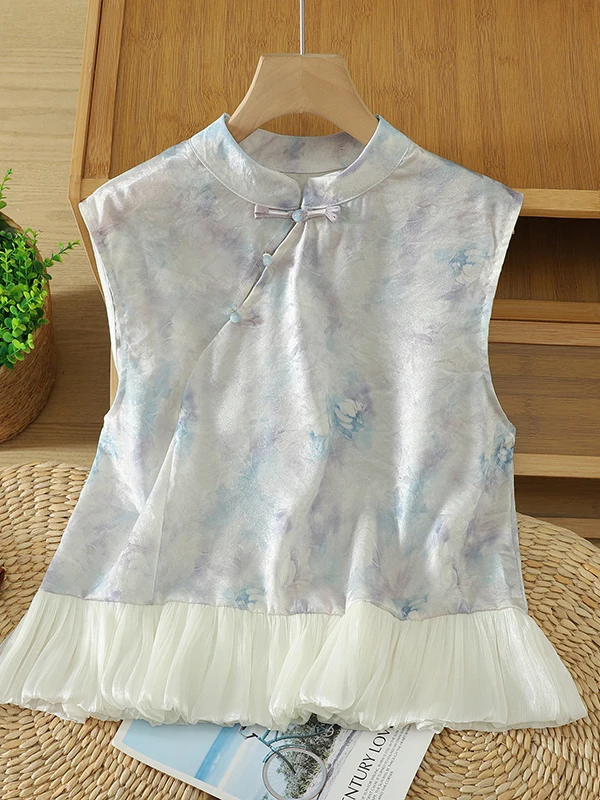 New Chinese Style Gradient Dyeing Stand Collar Buttonless Sleeveless Vest Women Summer National Style Patchwork Improved Cheo...