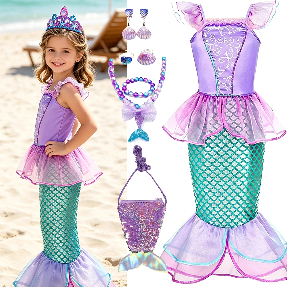 Mermaid Summer Dress Princess Costume With Crown Necklace Accessories Set For Girls Kids Carnival Birthday Party Prom Stage