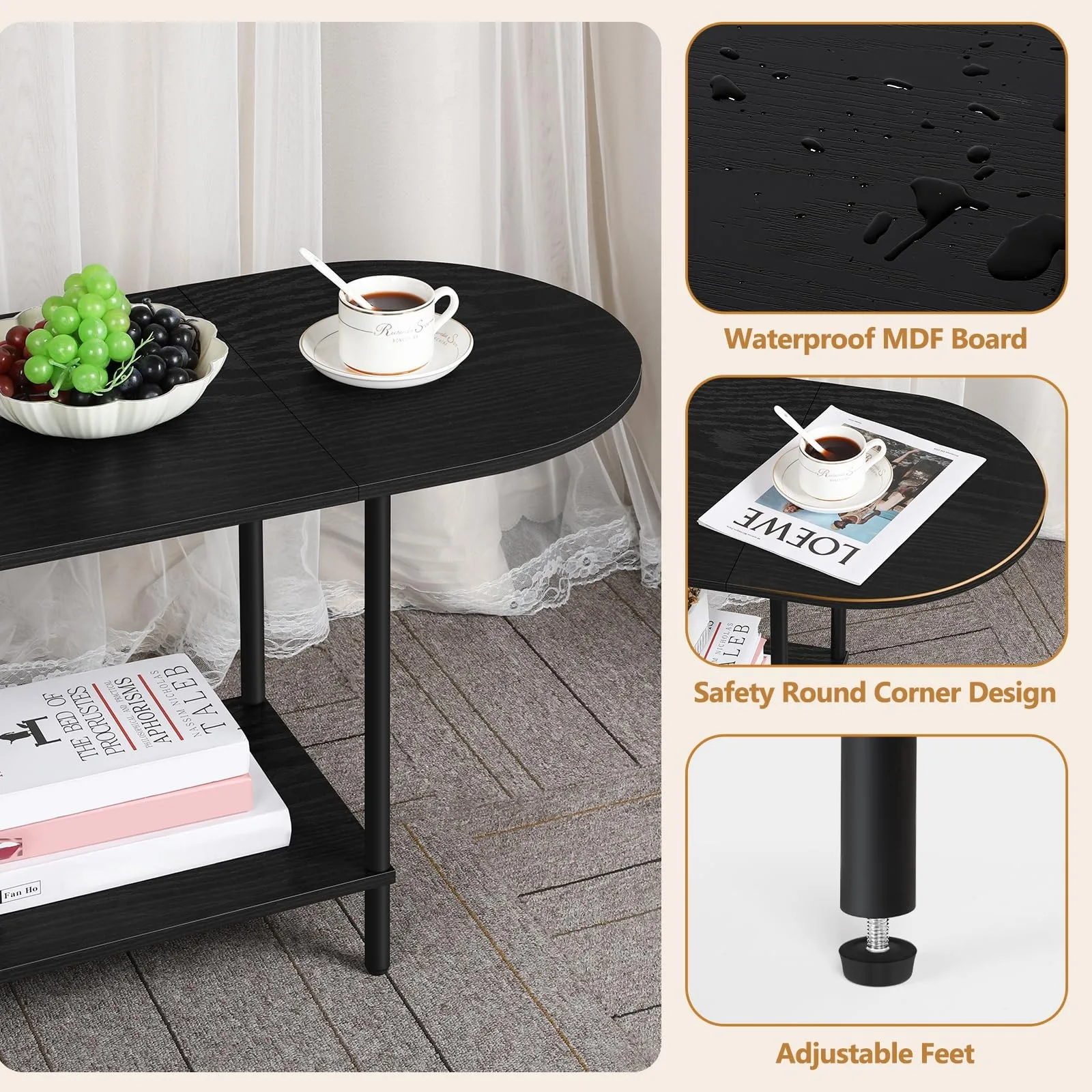 طاولات المقهى، طاولة قهوة بيضاوية سوداء أنيقة مع تصميم من طبقتين لغرفة المعيشة، طاولة مركزية صغيرة، مظهر حديث لمنتصف القرن #6