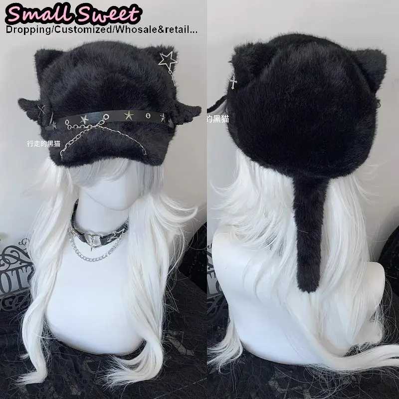 Gothic Lolita Y2K Beanie Hut Frauen Katze Ohr Flügel Schwanz Stern schöne Herbst Winter Hip-Hop flauschige süße spitze Pullover Beanie Hüte