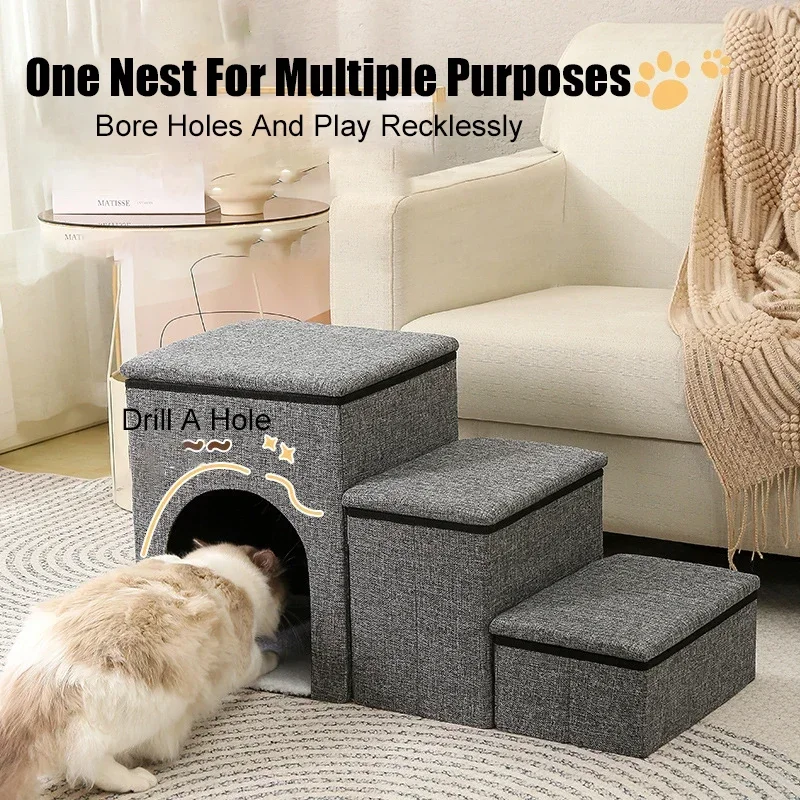 Foldable Thickened Puppy Stairs W/ Storage Box Strong Durable Dog Bed 3 Steps Stairs Ramp W/ A Hole Cat Bed for Dog Accessories