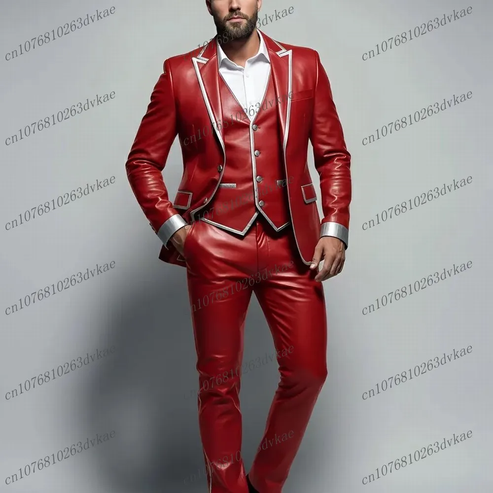

Красный и серебристый кожаный мужской костюм для свадьбы, вечеринки, торжественных мероприятий, жениха, шафера, выпускного, деловых встреч, мужской смокинг, комплект из 3 предметов: пиджак, жилет, брюки