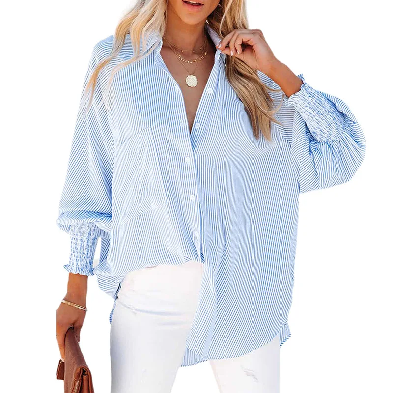 Fashion Women Spring Autumn Striped Stand-Up Collar Long Sleeves Shirt with Gathered Puff Sleeve Blouse Shirts