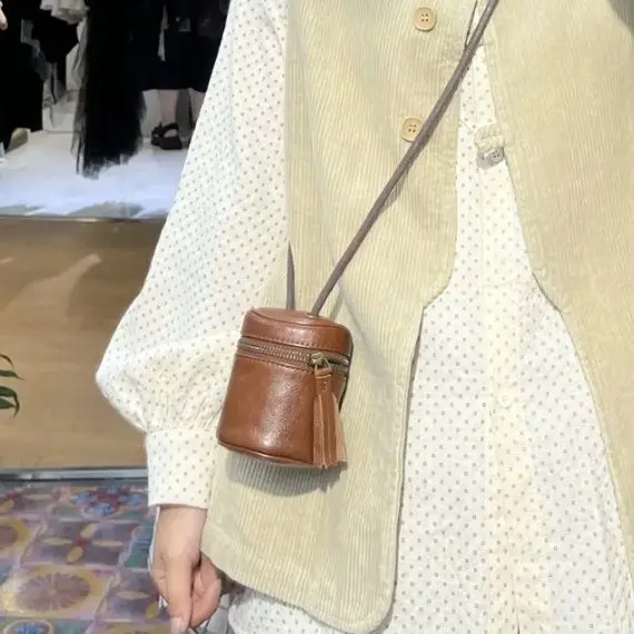 Retro Brown Mini Crossbody Bag Women PU Leather Small Capacity Cylinder Shoulder Bags Ladies Fashion Key Lipstick Storage Purse