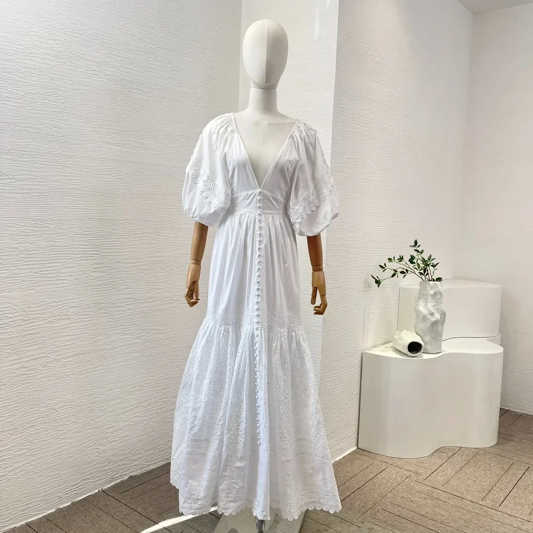 

Top Quality Vintage White Hollow Out 2024 Half Lantern Sleeve Pure Cotton Embroidery Deep V-Neck Backless Maxi Dress for Women