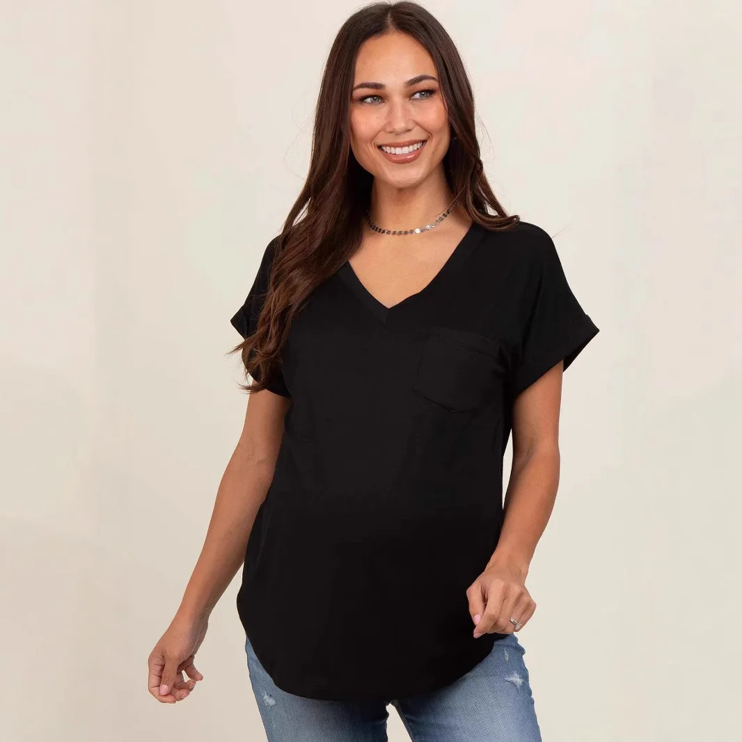 

Casual Maternity Tees Pure Color V-neck Short Sleeves T-shirt with Pocket Loose Tees Women Soft Maternity Clothing Summer