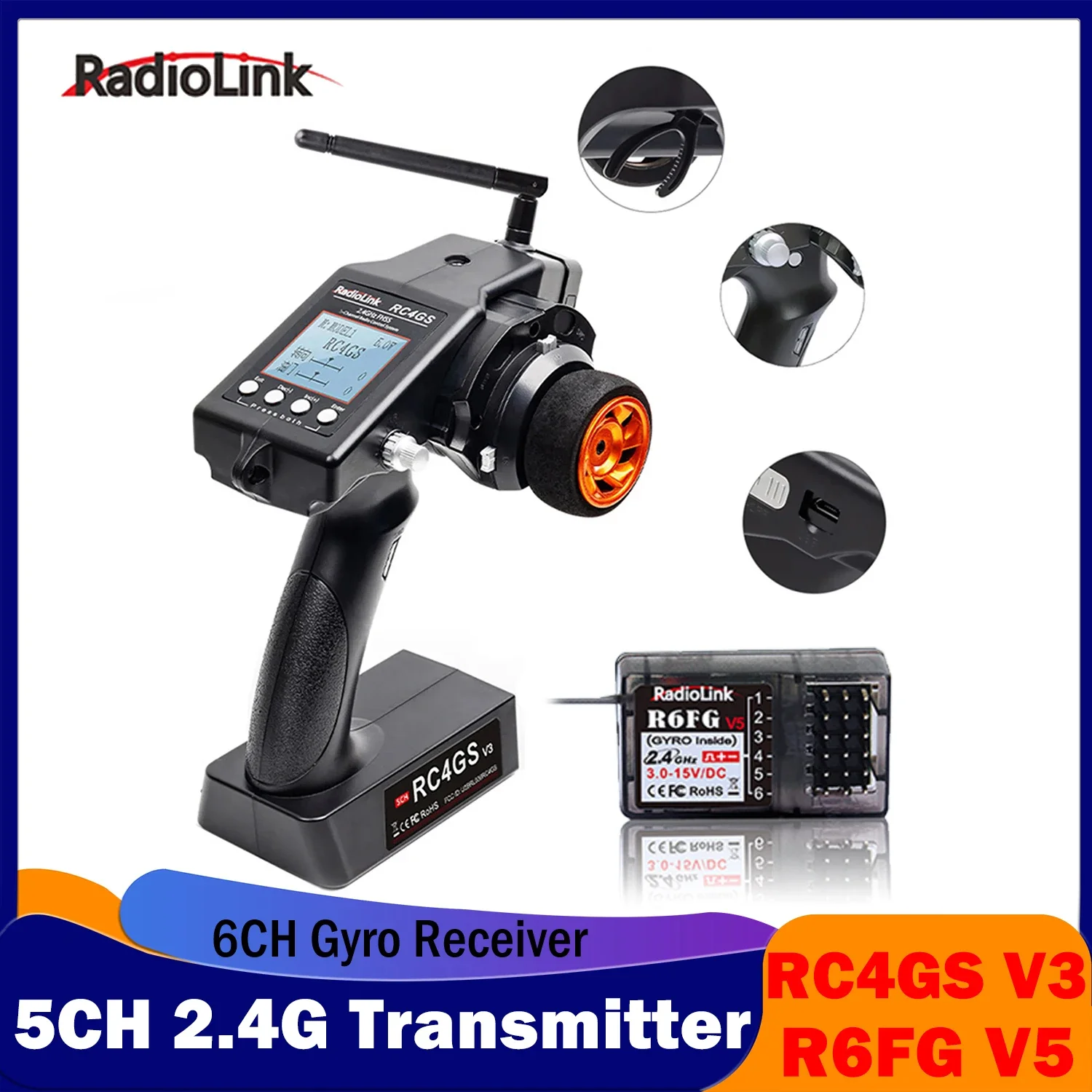 

RadioLink RC4GS V3 5CH Transmitter 2.4G Remote Controller + R6Fg Gyro 6 Channel Receiver for RC Car Boat Vehicle Model Toy R4FGM