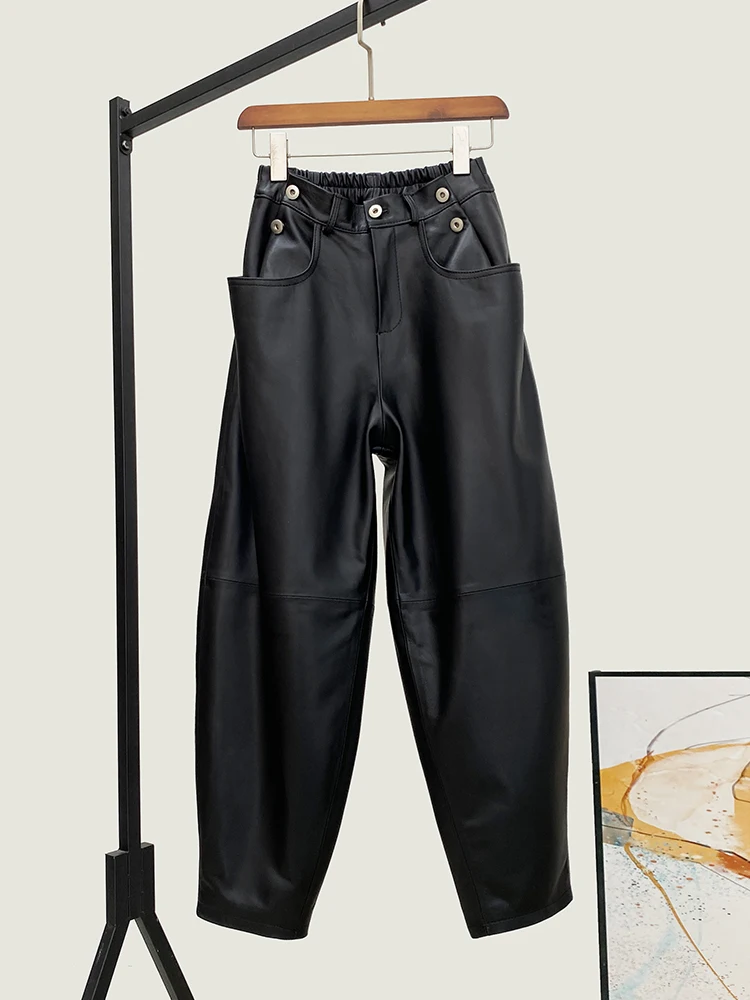 Winter New High Quality Genuine Real Leather Cropped Pants Women's Fashionable All-Match Waist Loose Sheepskin