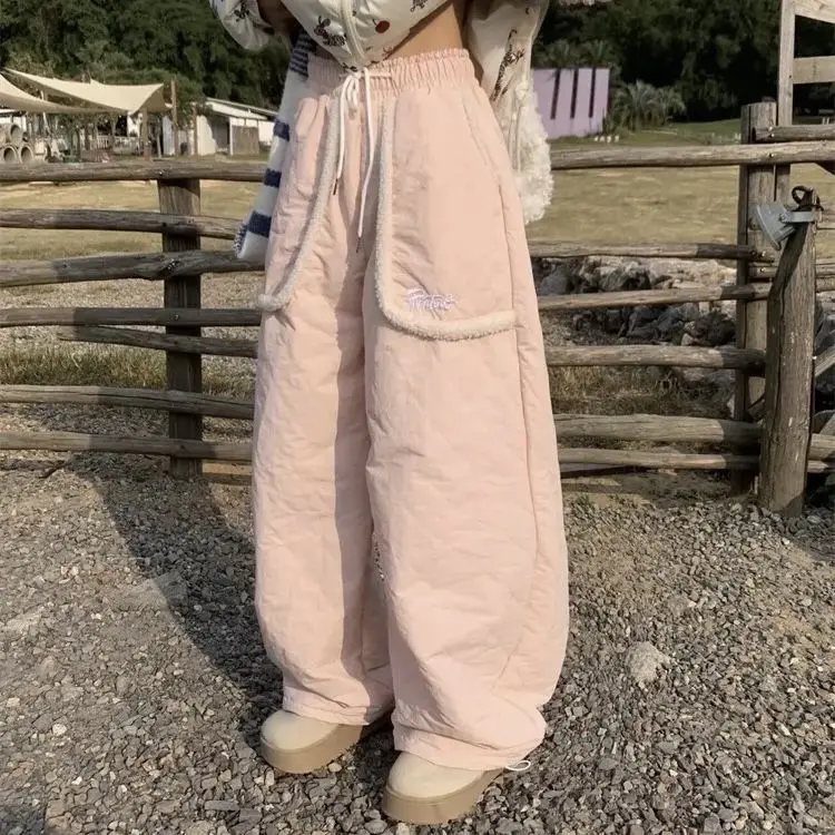 Thicken Y2k Pink Snow Pants Autumn Winte Cute Casual Sweet Korean Chic Loose Versatile Wide Leg Cotton Pants Trendy 2024 New