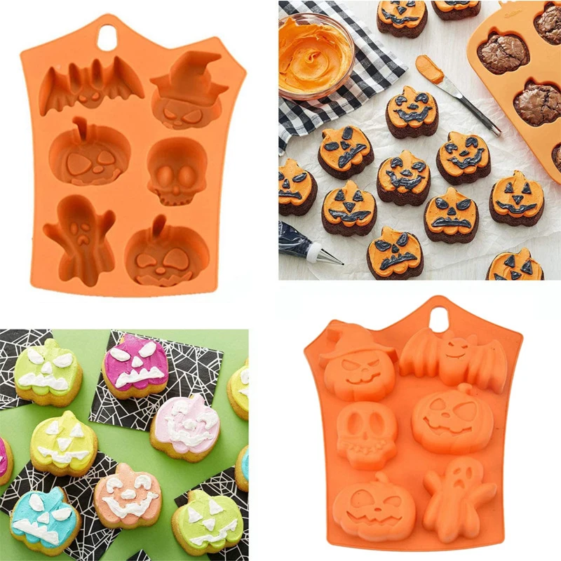 1pcs Pumpkin Ghost Demon Six Chamber Cake Mold DIY Orange Silica Gel Chocolate Cake Mold Halloween Home Kitchen Supplies