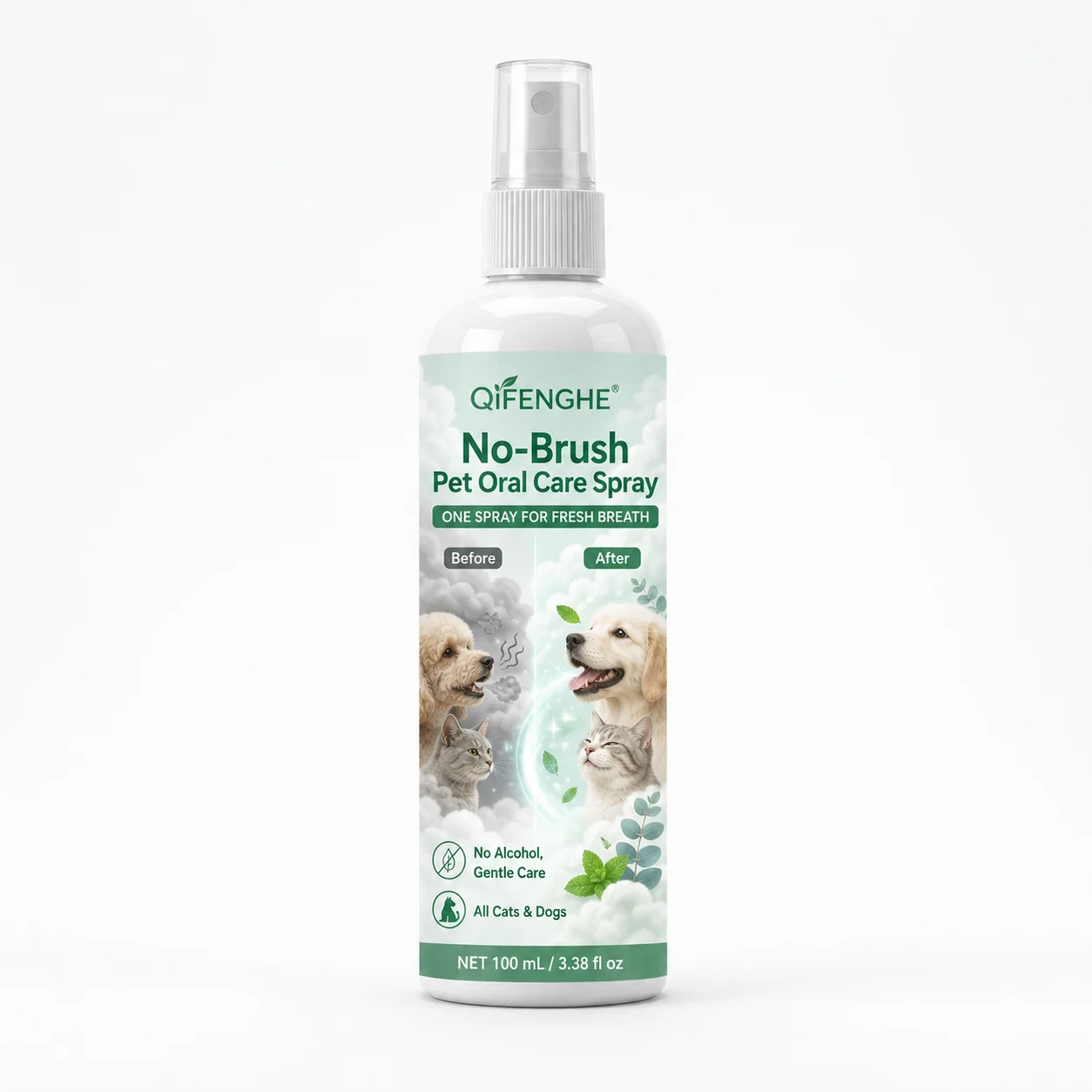 No-Brush Pet Dental Spray for Fresh Breath, Alcohol-Free Plant-Based Formula, Safe Daily Oral Care.
