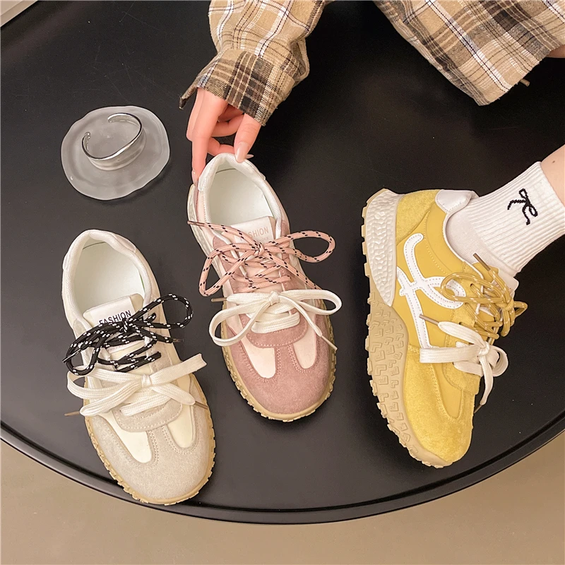

Women's Sports Shoes Casual Lace Up Women's Fashion Vulcanized Shoes Mixed Color Round Toe Flat Walking Shoes Zapatillas Mujer